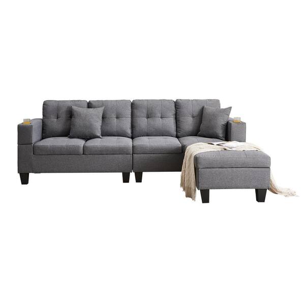 Seafuloy 98.5 in W 3-piece L Shaped Linen Sectional Sofa in Gray w