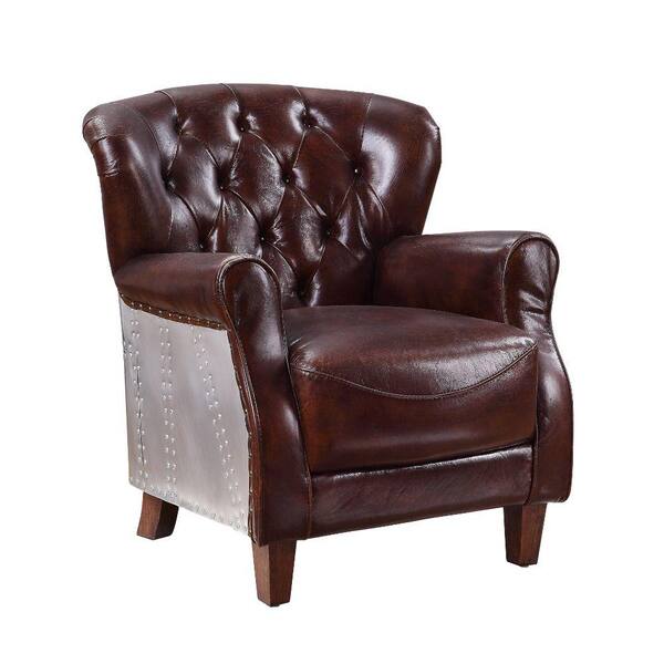 Benjara Brown Leather Accent Chair with Tufted Back