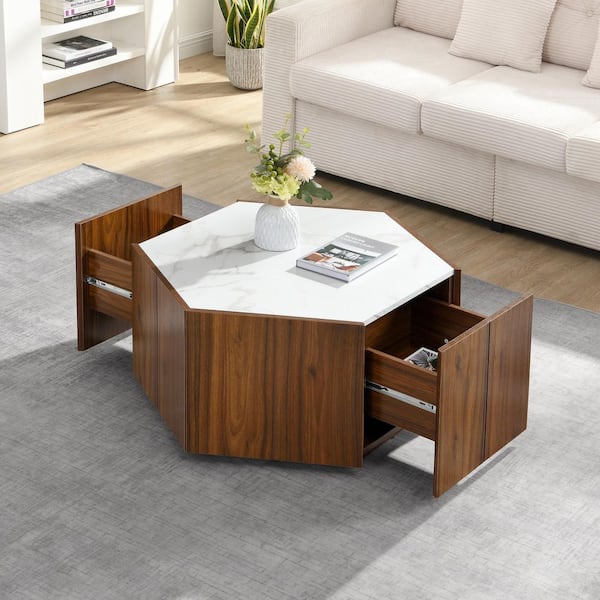 Judson Retro 31.5 in. Walnut and White Hexagon Faux Marble MDF Top Coffee Table with Hidden Drawers