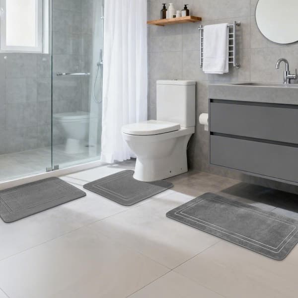 Gray 3 Piece Bathroom Rug Set Mat Absorbent Non Slip Bath Mat Set Soft Bath Rug for Bathroom Floor, Tub and Toilet