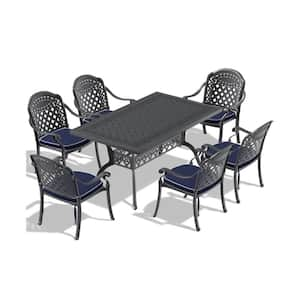 7-Piece Cast Aluminum Black Outdoor Dining Table and Chairs Set with Random Colors Cushions for Patio, Balcony, Backyard