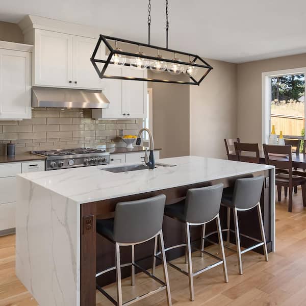 Large Modern Dining Room Linear Chandelier, 41.5 in. Black Island Pendant Light, Farmhouse Clear Glass Brass Chandelier
