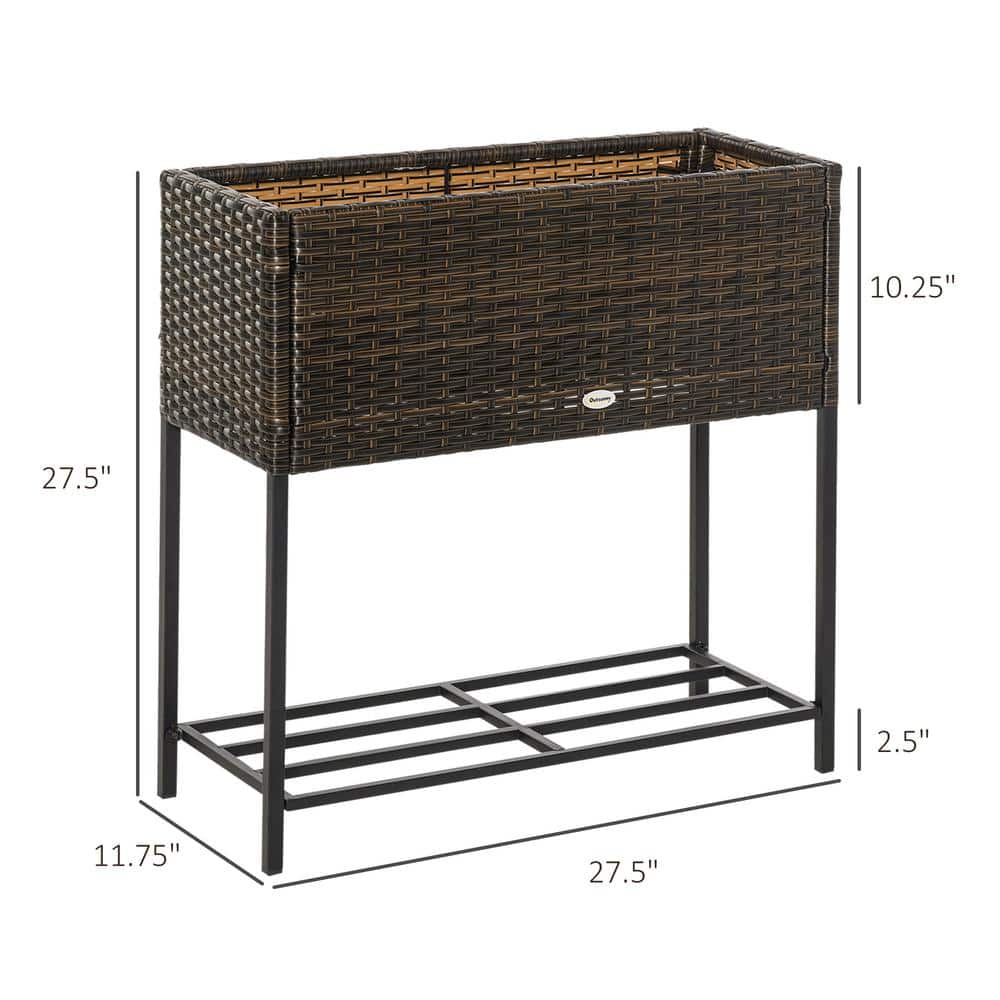 Brown Elevated Rattan Wicker Outdoor Flower Stand with Tool Storage