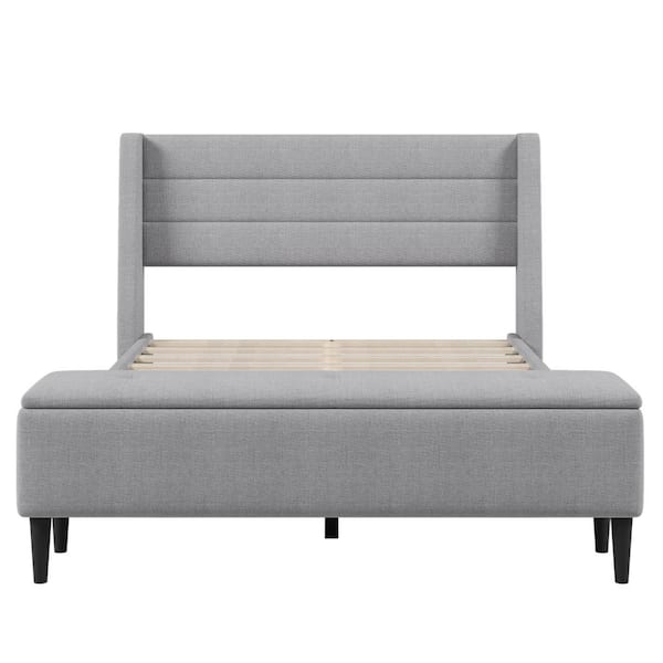 Angel Sar 99 in. W Gray Linen Wood Frame Queen Upholstered Platform Bed with Storage Ottoman Bench