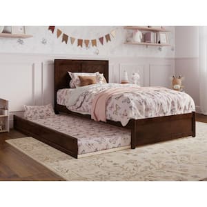 Clayton Walnut Brown Solid Wood Frame Twin Platform Bed with Panel Footboard Twin Trundle