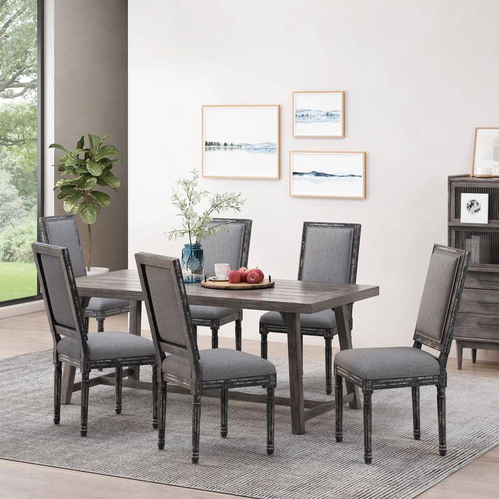 Gray Upholstered Rubberwood High Back Dining Chairs, Set of 6