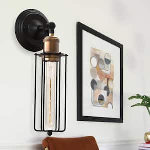10.63 in.1-Light Dimmable Black Farmhouse Industrial Wall Sconces with Caged Shaded for Bedroom Hallway
