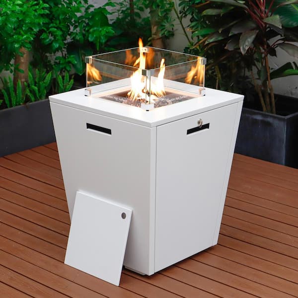 Chelsea 21" Modern Aluminum 37,000 BTU Square Propane Patio Fire Pit Table with Lid and Fire Glass in White