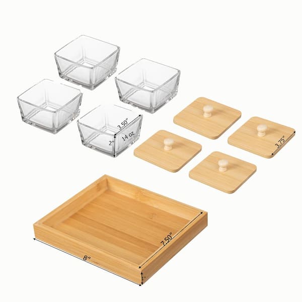 Basicwise Set of 4 Square Glass Jars with Bamboo Lids and Wooden