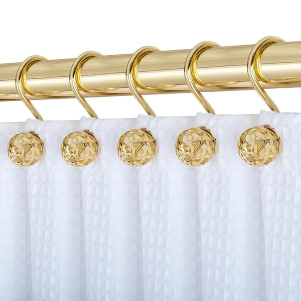 Utopia Alley Hollow Ball Shower Curtain Hooks for Bathroom, Rust Resistant Shower Curtain Hooks Rings, Set of 12, Gold