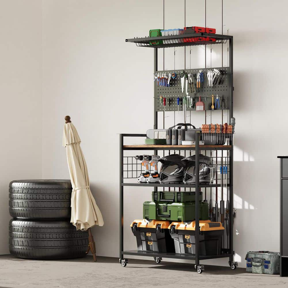 Metal Outdoor Serving Cart, Fishing Rod Storage Rack with Pegboard