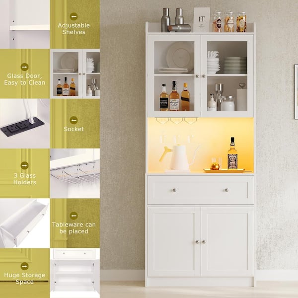 FUNKOL 31.5 in. x 15.75 in. x 70.87 in. White Classic MDF Kitchen Cabinet with Light Charging Stand Microwave Shelf & 1-Drawer