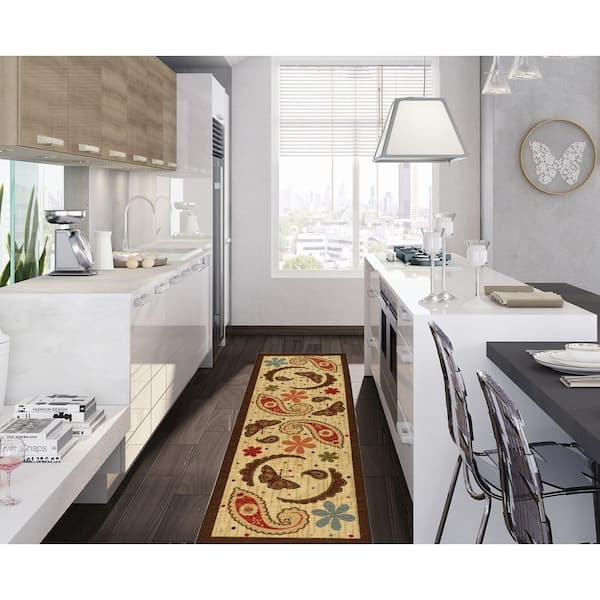Sara Collection Non-Slip Rubberback Paisley Design 2x5 Kitchen Runner Rug, 1 ft. 8 in. x 4 ft. 11 in., Beige Paisley