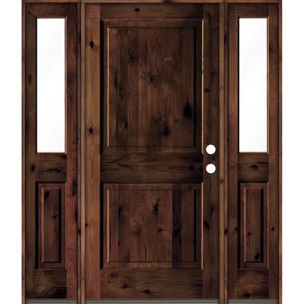 Krosswood Doors 70 in. x 80 in. Knotty Alder Left-Hand/Inswing Clear Glass Red Mahogany Stain Square Top Wood Prehung Front Door