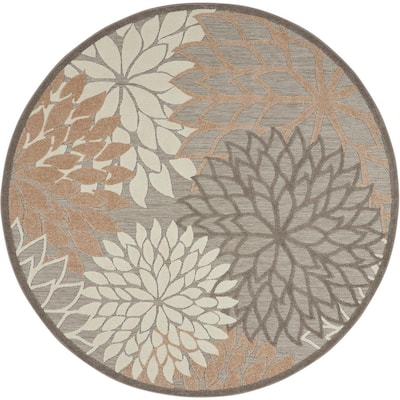 Aloha Patio Natural 5 ft. x 5 ft. Floral Modern Indoor/Outdoor Round Area Rug
