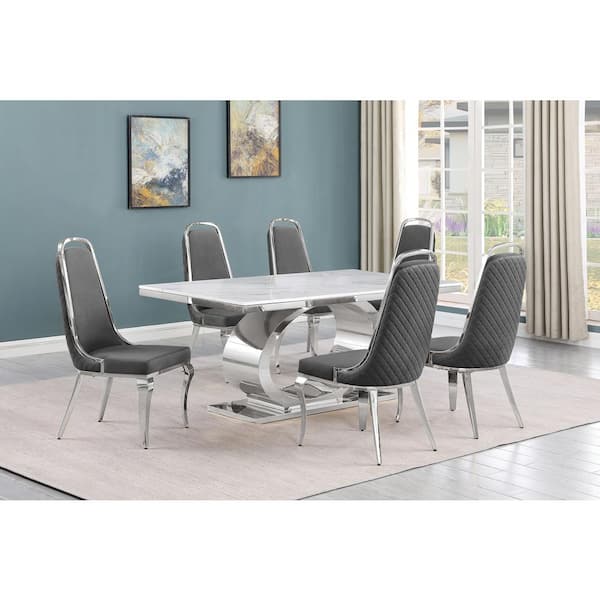 Best Quality Furniture Ibraim 7-Piece Rectangle White Marble Top With Stainless Steel Base Dining Set With 6-Dark Grey Velvet Chrome Iron Chair