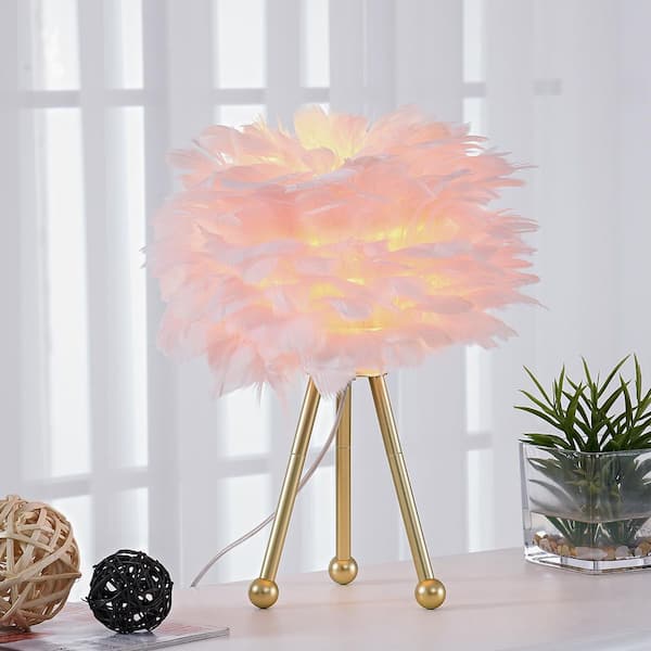 14.5 in. Gold Tripod Modern Pink Bedroom Living Room Bedside Desk Nightstand Small Table Lamps