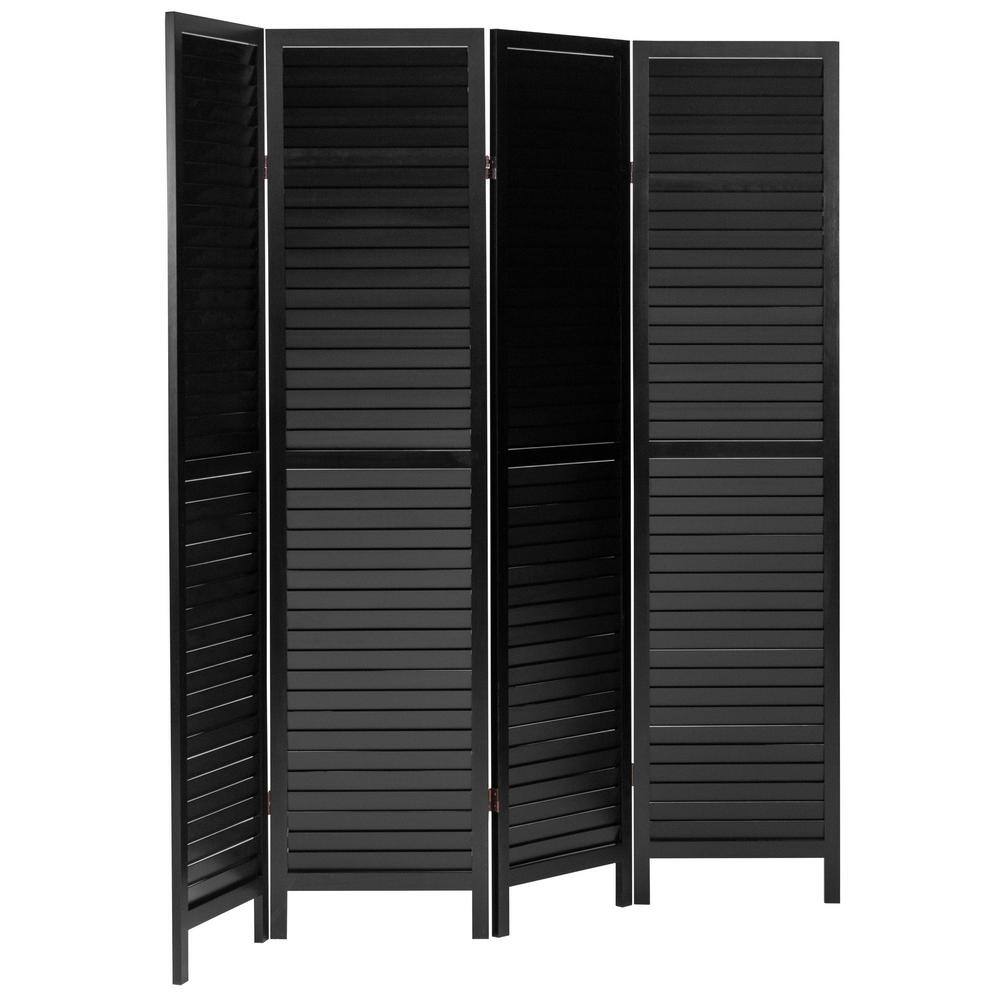 Black 6 Ft Tall Wooden Louvered 4-Panel Room Divider