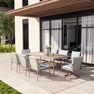 Sleek Line 9-Piece Aluminum Rectangular Outdoor Dining Set with Swivel Chairs and Blue Cushions