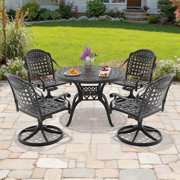 Black 5-Piece Cast Aluminum Patio Outdoor Dining Set with 4 Swivel Rockers with Blue Cushions and 39.37 in. Round Table