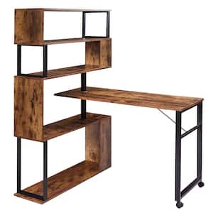 47.20 in. Rectangular Brown Wood Computer Desk with 5-Tier Bookshelf