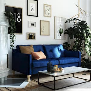 Tess 74 in. W Square Arm Linen Rectangle Sofa, Blue Velvet