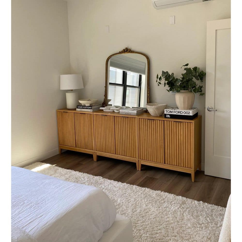 Warm Pine Fluted Storage Cabinet with Brass Handles