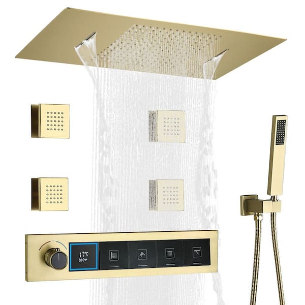 WELLFOR 5-Spray Dual Ceiling Mount Fixed and Handheld Shower Head 1.59 GPM in Brushed Gold with 4 Body Jet, Thermostatic Value