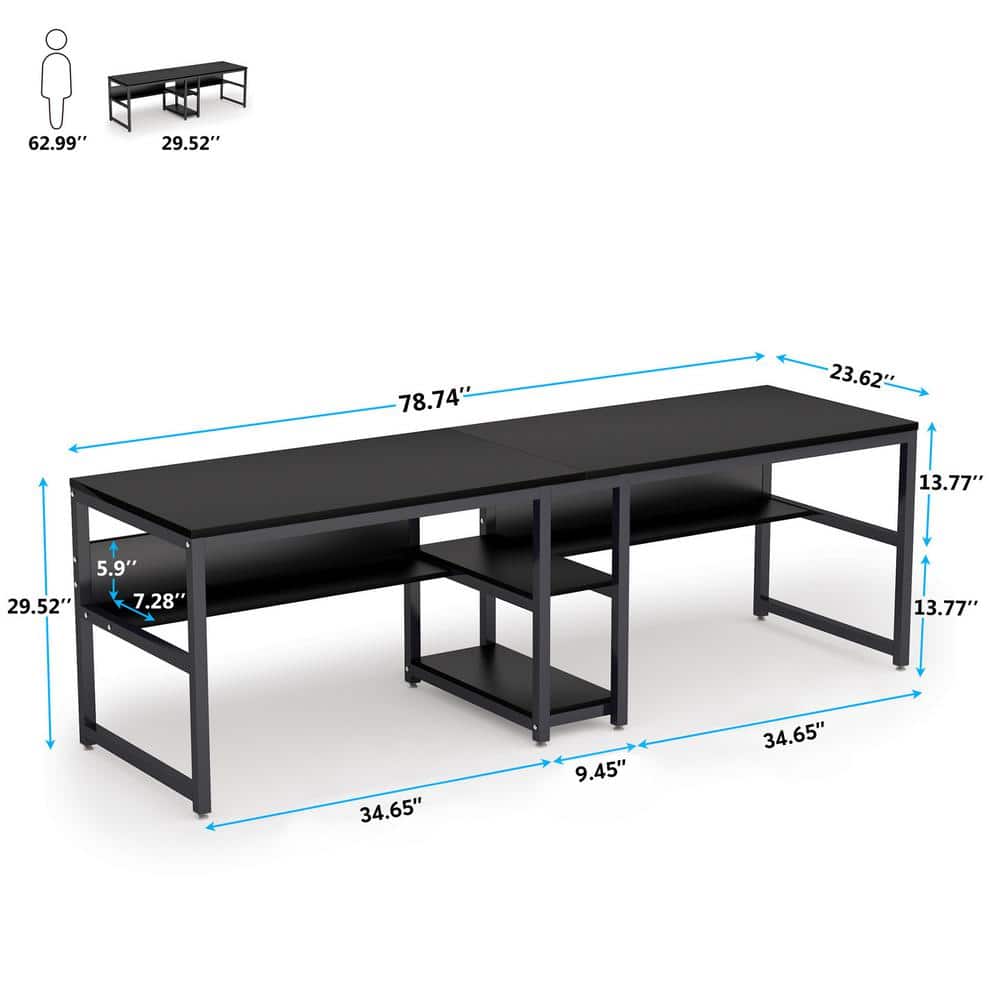 Black Double Workstation Desk with Shelves for Two