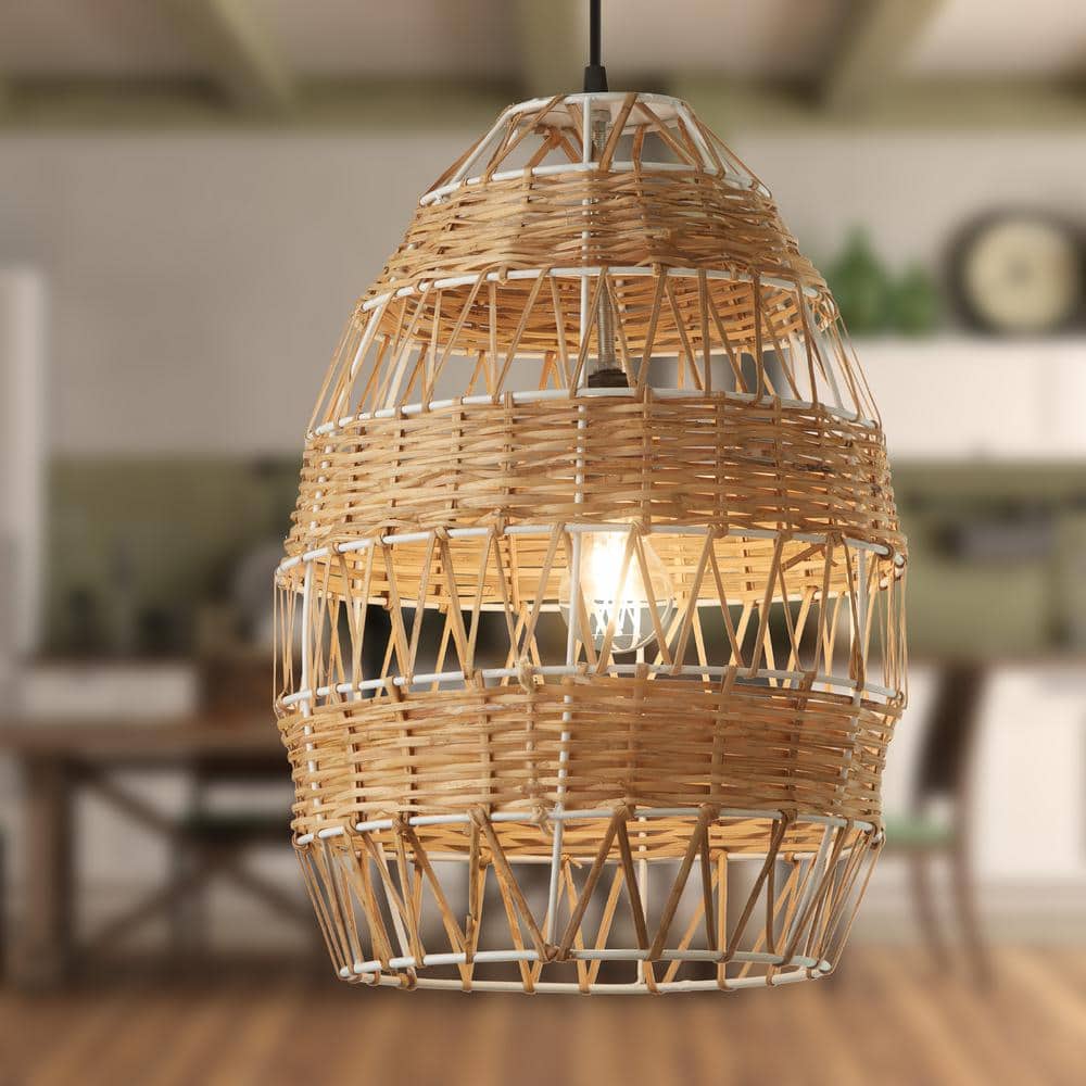 12.75" Tan Rattan and Metal Bowl Pendant Ceiling Light