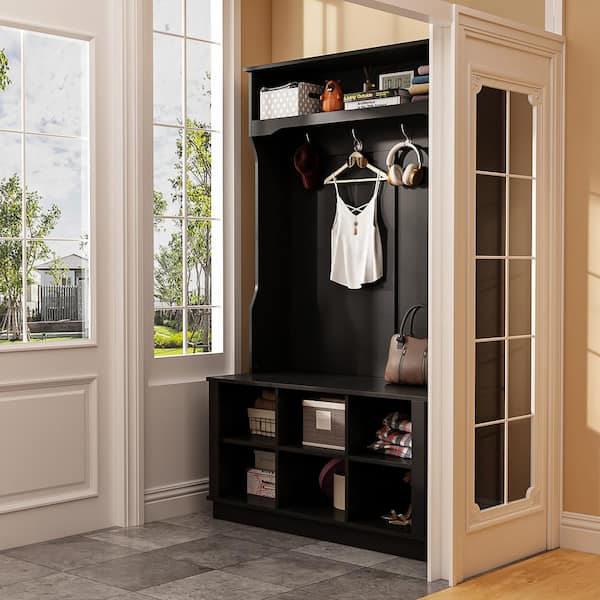Black Painted Freestanding Coat Rack with Shoe Bench, Hanging Hooks, and Storage Cubbies