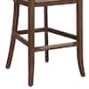 Close-up of the wooden legs and metallic inlay stretcher of the Michelle bar stool.