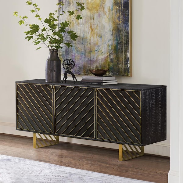 Armen Living Monaco Rectangular Black Wood Sideboard with Antique Brass Accent