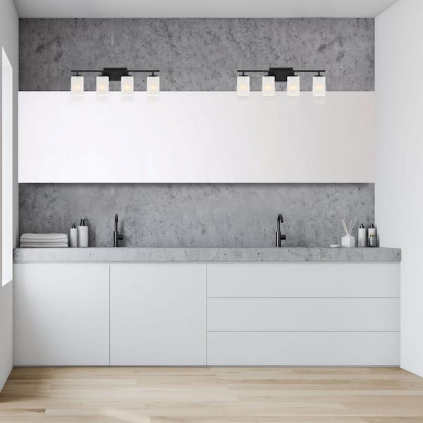 Carmine 28 in. 4-Light Matte Black Modern Vanity Light with Etched Glass Shades