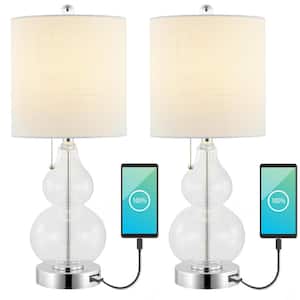 Cora 22 in. Classic Vintage Glass LED Table Lamp with USB Charging Port, Clear (Set of 2)