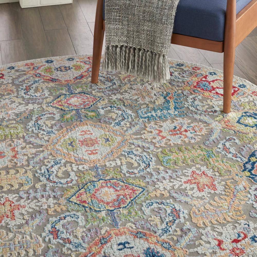 Global Vintage Easy Care 6' Round Grey Synthetic Area Rug
