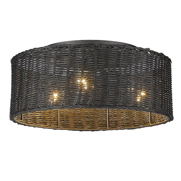 Golden Lighting Erma 3-Light Matte Black Wicker Flush Mount