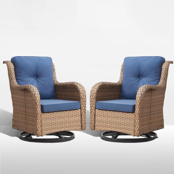 ArcoBay Metal and Yellow Wicker Outdoor Rocking Chair Patio Swivel Chairs with Olefin Navy Blue Cushions (2-Pack)