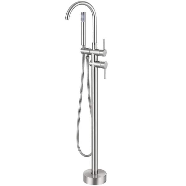 Single-Handle Freestanding Floor Mount Roman Tub Faucet Bathtub Filler with Hand Shower in. Brushed Nickel