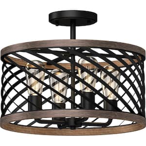 16.25 in. W x 13 in. H 4-Light Indoor Black Walnut Semi-Flush Mount Ceiling Light Fixture with Caged/Crisscrossed Drum