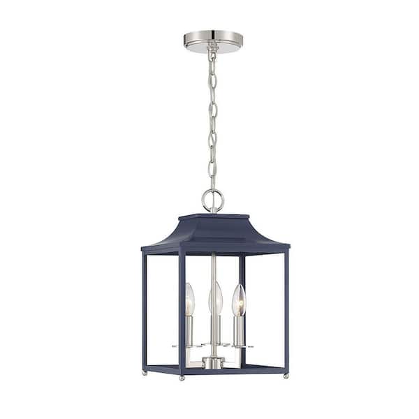 TUXEDO PARK LIGHTING 10 in. W x 16 in. H 3-Light Navy Blue with Polished Nickel Standard Pendant Light