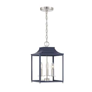 Meridian 10 in. W x 16 in. H 3-Light Navy Blue with Polished Nickel Standard Pendant Light