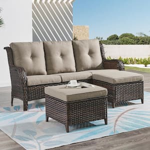 Brown 3-Piece Wicker Outdoor Patio Seating Conversation Set Sectional Sofa and Ottoman with Gray Cushions