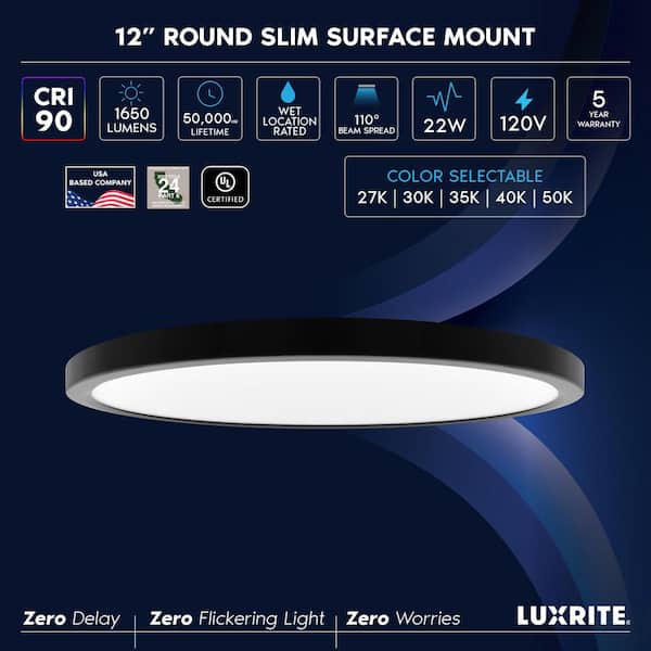 Black Outdoor Integrated LED 12 in. Flush Mount Ceiling Light, 5CCT, 1650LM, 110° Beam, 22W, Dimmable, UL Listed 2 Pack