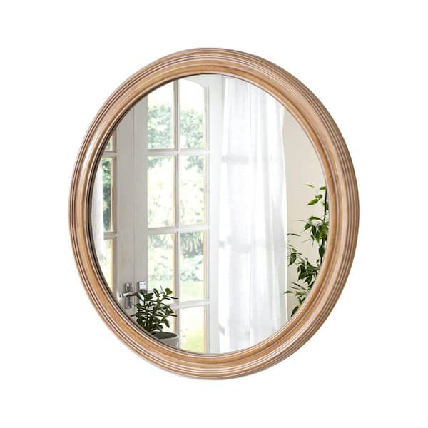 27.56 in W x 27.56 in. H Round Wood Framed Wall Mirror for Bathroom Vanity, Natural Decorative Mirror for Home, Office