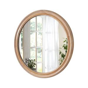 Antique Natural Wood 35.43 in W x 35.43 in. H Round Wood Framed Decorative Wall Mirror with Ribbed Detail