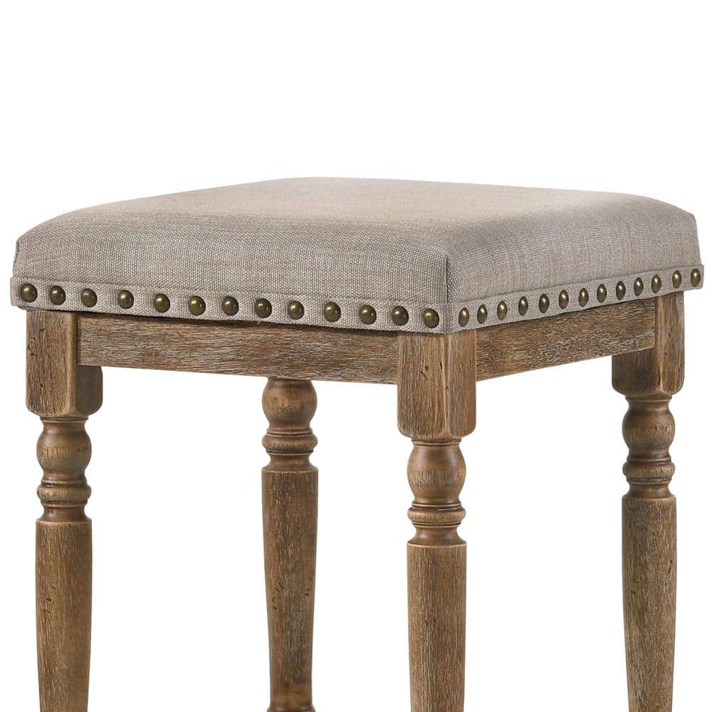 Weathered Oak Backless Counter Height Stool with Beige Upholstered Seat
