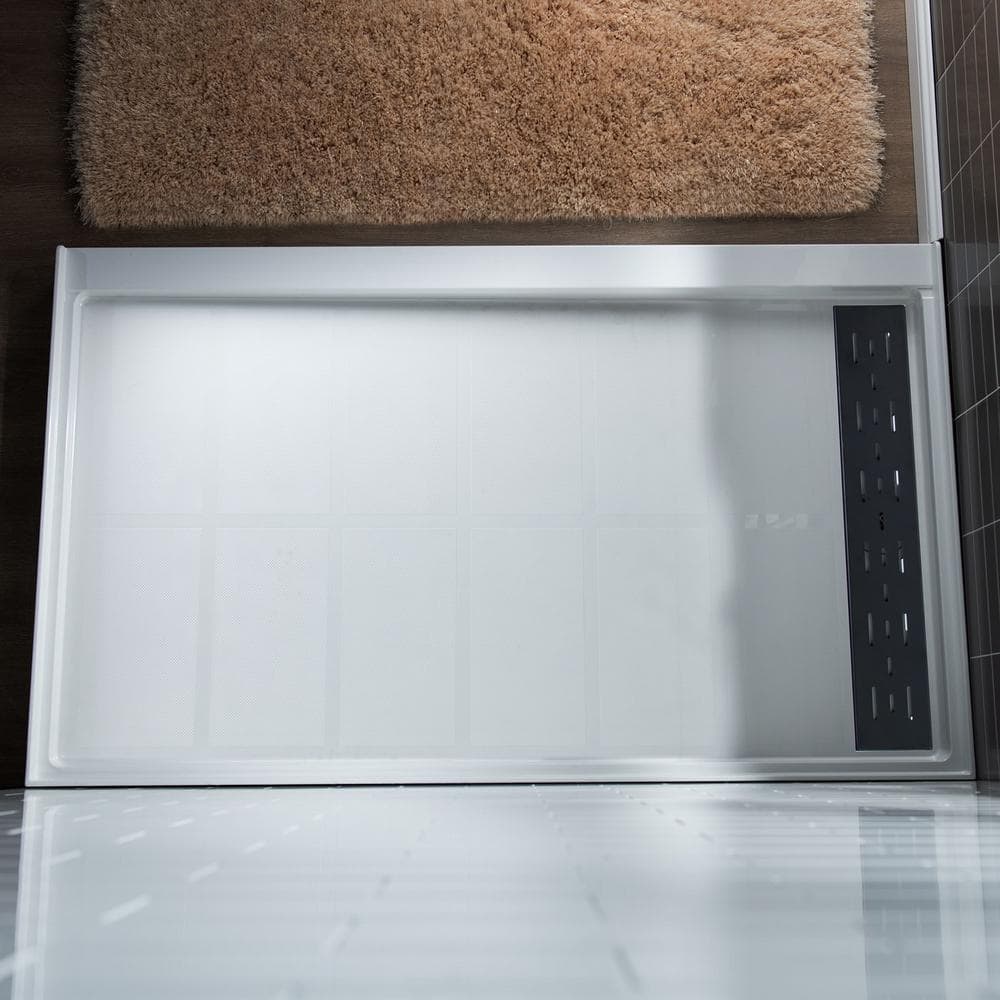 48" White Rectangular Shower Pan with Matte Black Drain Cover