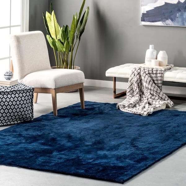 Loni Machine Washable Navy Doormat 3 ft. x 5 ft. Solid Shag Area Rug