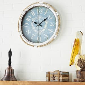 17 in. x 17 in. Blue Metal Scroll Wall Clock with Distressed White Frame and Rope Accent
